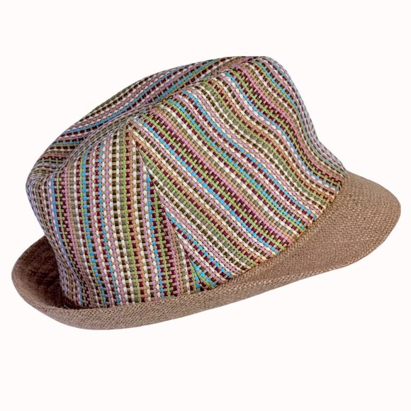 Dynamite Rainbow Woven Trilby Hat Multicolor Stripes Tan Brim Unisex Beach Cruis - Picture 1 of 13